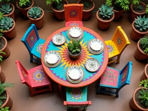 Mexican Fiesta Dining Area - Aerial view of a colorful Mexican-style dining set with hand-painted chairs in various colors, surrounded by terracotta pots with succulents