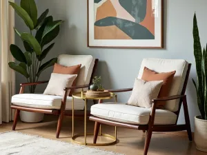 Mid-Century Lounge Area - Close-up of sleek mid-century modern lounge chairs with geometric cushions, next to brass side tables and snake plants