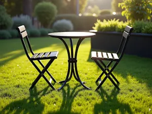 Minimalist Metal Bistro Set - Wide angle view of sleek black metal bistro set for two on emerald grass, with contemporary planters, morning dew, crisp lighting