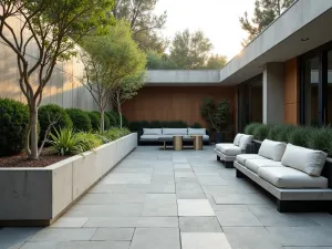 Minimalist Concrete Seating - A wide shot of modern concrete bench seating with thin cushions, integrated planters with architectural plants, and simple metal accent tables on a geometric-tiled patio