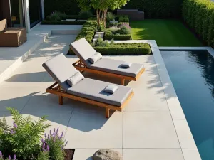 Minimalist Pool Deck - Low-profile teak sun loungers with gray cushions on elevated concrete pool deck, geometric plantings, clean lines, aerial perspective