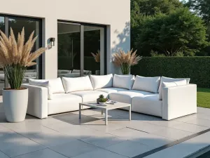 Minimalist White Lounge Set - A sleek modern white outdoor lounge set on a grey stone patio, featuring clean lines and minimalist design, with geometric planters containing tall ornamental grasses, photorealistic, wide angle view