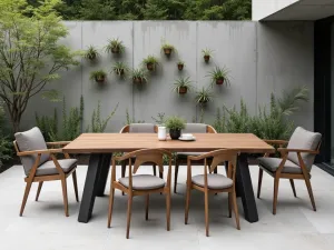 Mixed Material Dining Set - Close-up of a modern outdoor dining set combining teak, powder-coated steel, and weather-resistant fabric, set against a contemporary concrete wall with hanging succulents