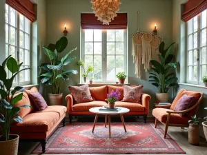 Modern Bohemian Mix - Eclectic mix of modern and vintage furniture with colorful textiles, macramé details, and hanging plants creating a relaxed atmosphere