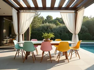 Modern Color Block Dining Set - Wide angle view of a sleek outdoor dining set with color block chairs in mint, pink, and yellow, under a modern pergola with white curtains, mid-day lighting