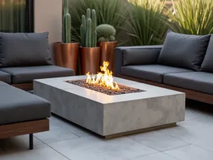 Modern Fire Pit Seating - A close-up of low-profile modern outdoor sofas with charcoal cushions arranged around a sleek concrete fire pit, accented with copper planters containing desert plants