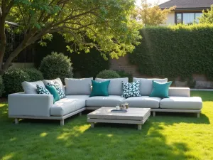 Modern Lounge Set on Manicured Lawn - Luxurious modern outdoor sectional sofa with clean lines in light gray, arranged on perfectly manicured grass, with geometric outdoor pillows in teal and white, photorealistic, afternoon lighting