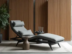 Modern Lounger Setup - Single adjustable chaise lounger in charcoal gray with side table, surrounded by tall bamboo screens, contemporary zen style, wide perspective shot