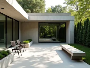 Modern Minimalist Front Seating - Wide angle view of a sleek, minimalist front patio with low-profile concrete benches, angular metal chairs, and structured boxwood planters, architectural style