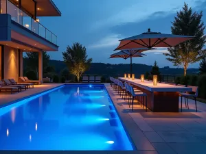 Modern Pool Bar Setting - Sleek in-pool bar with submerged steel bar stools, clean lines, floating umbrella shades, and LED lighting, aerial view during blue hour, contemporary design