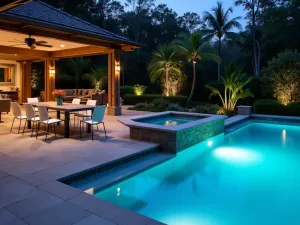 Modern Pool Dining Ledge - In-pool dining ledge with modern acrylic chairs, built-in table, and LED lighting, surrounded by tropical landscaping, evening atmosphere