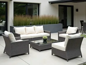 Modern Wicker Conversation Set - A modern outdoor living space featuring sleek gray wicker furniture with plush white cushions, arranged around a contemporary glass-top coffee table on a light-colored concrete patio, with minimalist planters containing tall ornamental grasses