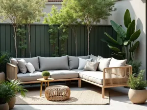 Modern Wicker Seating Area - A cozy modern patio seating area with cream-colored wicker furniture, plush gray cushions, and brass accent tables, surrounded by potted monstera plants, photorealistic