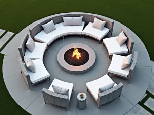 Modernist Fire Pit Circle - Aerial view of circular seating arrangement around a modern fire pit, featuring clean-lined furniture in light grey and white