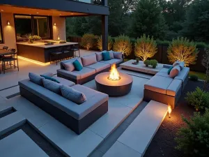 Modular Conversation Pit - An aerial view of a sunken modern conversation pit with modular grey cushions, surrounded by built-in LED lighting and contemporary fire features, evening atmosphere