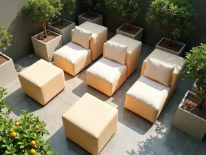 Modular Cube Seating - Geometric cube seats in weather-resistant fabric that can be arranged as needed, surrounded by dwarf citrus trees in containers, minimalist style, top-down view