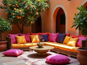 Moroccan Tea Garden - Close-up of low, colorful Moroccan-style seating with bright cushions and poufs, brass side tables, surrounded by potted citrus trees