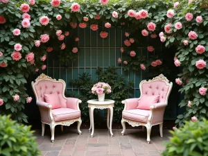 Nested Coffee Set - Set of three nesting tables with two compact armchairs, surrounded by climbing roses on trellises, romantic style, shot from above