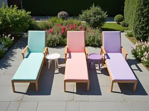 Pastel Garden Loungers - Aerial view of three chaise lounges in soft pastel colors - mint, pink, and lavender - with matching side tables, surrounded by flowering perennials