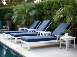 Poolside Chaise Lounges - A wide-angle view of white aluminum chaise lounges with navy cushions lined up along a pool edge, accompanied by small side tables with built-in umbrella holders, and tropical plants in contemporary planters