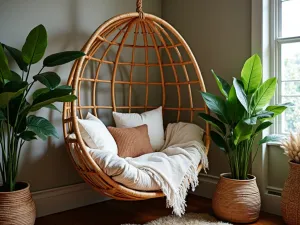 Poolside Reading Nook - Hanging rattan egg chair with bohemian cushions and throw blankets, positioned in a corner with potted monstera plants, intimate close-up