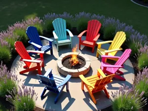 Rainbow Adirondack Collection - Aerial view of a circular patio arrangement featuring six Adirondack chairs in different rainbow colors around a fire pit, surrounded by lavender plants, morning light