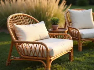 Rattan Conversation Set with Garden View - Close-up of honey-colored rattan furniture set with plush cream cushions on grass, ornamental grasses in background, golden hour lighting