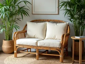 Rattan Loveseat Nook - Compact rattan loveseat with plush cushions in cream color, small side table, surrounded by potted bamboo plants, cozy bohemian style, close-up shot