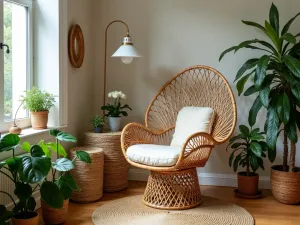 Rattan Reading Nook - A cozy corner featuring a vintage rattan peacock chair with plush cushions, accompanied by a woven side table and floor lamp, surrounded by potted ferns and prayer plants