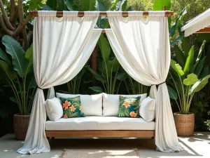 Resort-Style Cabana - Luxurious outdoor daybed with white curtains and tropical print cushions, surrounded by bird of paradise plants, resort style