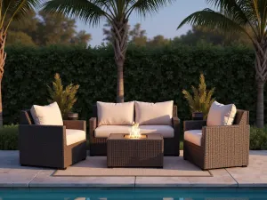 Resort-Style Seating Group - Deep-seated wicker conversation set with plush beige cushions, positioned under fan palms, beside pool with fire bowl features, twilight atmosphere