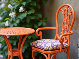 Retro Pop Art Bistro Set - Close-up of a bright orange metal bistro set with geometric pattern cushions in purple and yellow, next to a wall with trailing jasmine, vintage style