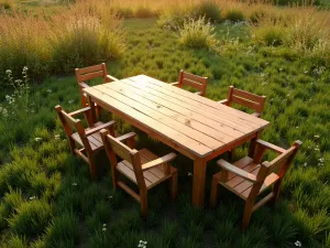 Rustic Wooden Dining Set on Garden Lawn - Aerial view of a farmhouse-style wooden dining table and chairs set on lush green grass, surrounded by wildflowers, warm evening light, natural wood tones