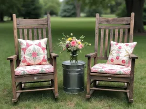 Rustic Farm House Seating - Wide shot of weathered wooden rocking chairs with quilted cushions, vintage milk can side tables, and mason jars with wildflowers