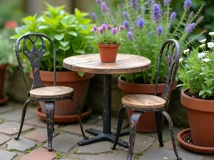 Rustic Tea Corner - Small reclaimed wood table with two vintage metal chairs, surrounded by flowering herbs in terra cotta pots, cottage style, close-up detail shot