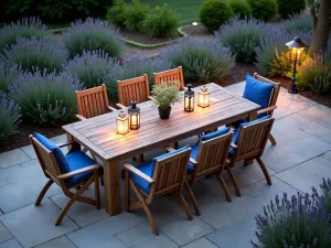 Rustic Wooden Dining Set - Aerial view of a weathered teak dining set with blue cushions on a stone patio, decorated with lanterns and surrounded by lavender plants, evening lighting