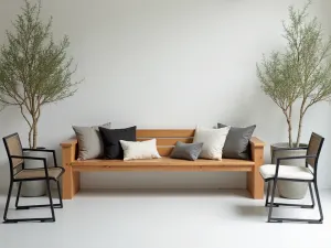 Scandinavian Minimal Front Porch - Clean-lined wooden bench with geometric cushions, paired with simple metal chairs and minimalist planters with birch trees