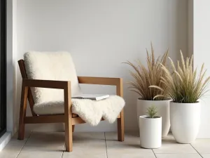 Scandinavian Reading Nook - Minimalist outdoor reading corner with clean-lined wooden chair, sheepskin throw, and decorative grasses in white planters