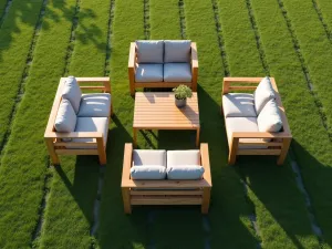 Scandinavian Teak Collection - Aerial view of minimal Scandinavian teak furniture set with light gray cushions on precise grass lines, morning light