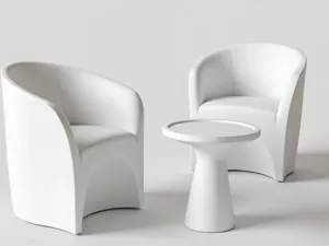 Sculptural Lounge Chairs - Close-up of artistic modern lounge chairs with sculptural forms, made from molded plastic in matte white, with minimal cushioning