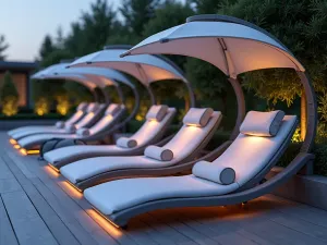 Smart Pool Furniture - Tech-integrated lounge chairs with built-in charging stations and adjustable shade canopies, sleek design with LED accent lighting, close-up details