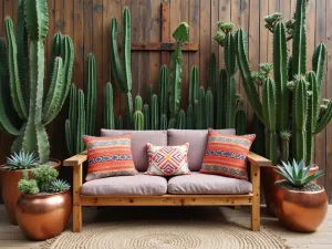 Southwest Desert Lounge - Wide angle view of rustic wooden furniture with geometric print cushions, surrounded by large cacti and succulents in copper planters