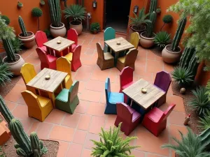 Southwest Desert Patio - Aerial view of colorful Acapulco chairs and rustic wooden tables, surrounded by desert plants and pottery on a terra cotta patio