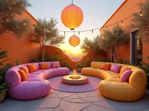 Sunset Spectrum Lounge - Wide angle view of modular lounge furniture with cushions in sunset-inspired colors - yellow, orange, pink, and purple, with paper lanterns overhead