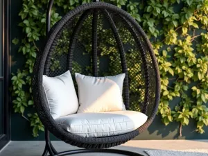 Suspended Egg Chair Garden - Close-up of a modern suspended egg chair in matte black with plush white cushions, backdrop of vertical garden wall, late afternoon lighting