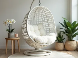 Suspended Egg Chair Haven - Single hanging egg chair in white with fluffy cushions, small drink table, surrounded by potted peace lilies, contemporary style, shot from side angle