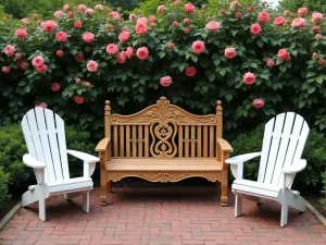 Traditional Wooden Bench Setting - Aerial view of a classic wooden bench with ornate details, flanked by white Adirondack chairs and surrounded by climbing roses on a brick patio