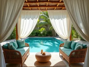 Tropical Cabana Setup - Intimate pool cabana with woven rattan furniture, flowing white curtains, and tropical palm trees casting dappled shadows, styled with turquoise cushions and natural textures, close-up view