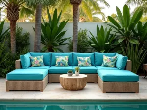 Tropical Paradise Sectional - Wide shot of a large L-shaped sectional in bright aqua with tropical print pillows, surrounded by palm trees and bird of paradise plants, resort style