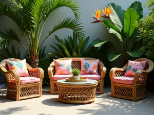 Tropical Paradise Setting - Wide shot of rattan furniture with bright tropical print cushions, surrounded by palm plants and bird of paradise flowers